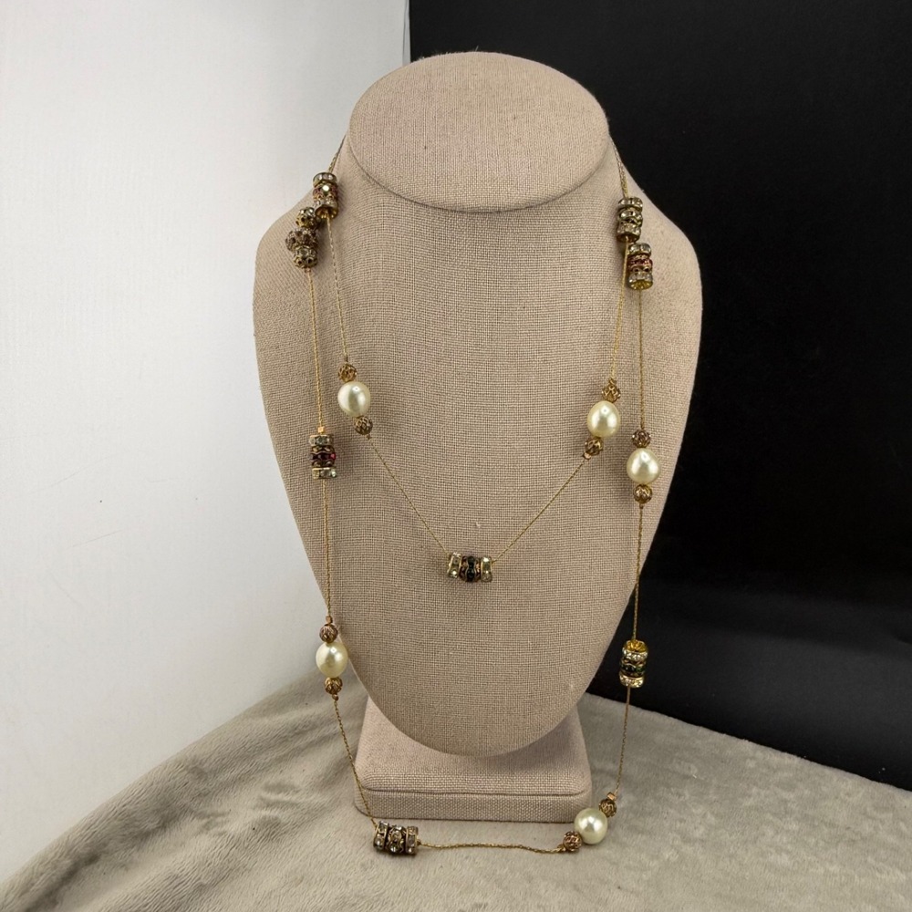 Rhinestone Necklace Gold Tone Long Multi Wrap Flapper Opera 42"